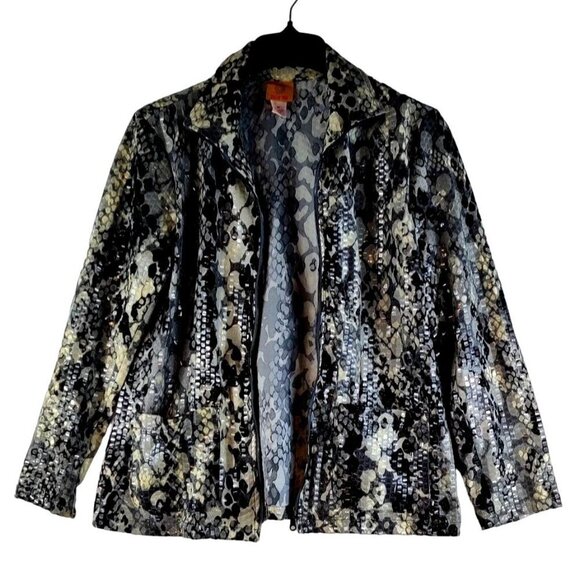 Jacket Faux Snake Skin Pattern Shinny Zipper Gunmetal Sequined Ruby Red - Picture 1 of 11